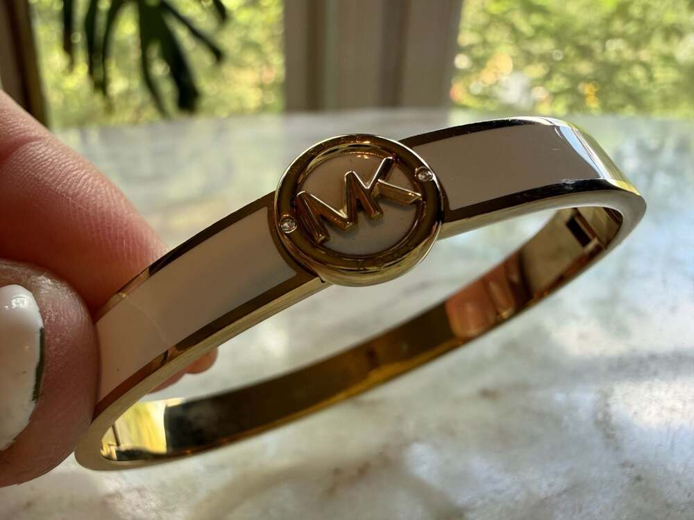 Michael Kors Gold-Tone & White Enamel Logo Hinged Bangle Bracelet